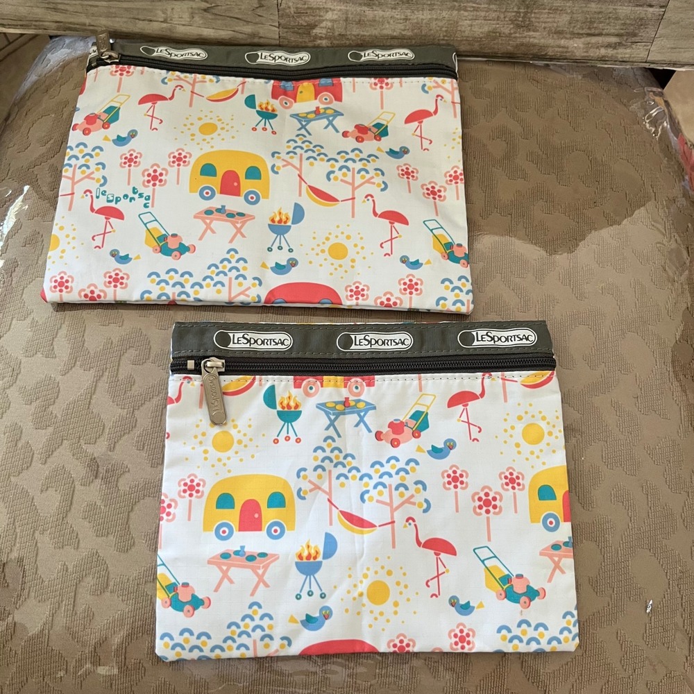 LeSportsac Happy Campers Pouch Set of 2 Flamingo Retro Trailer Makeup Bags